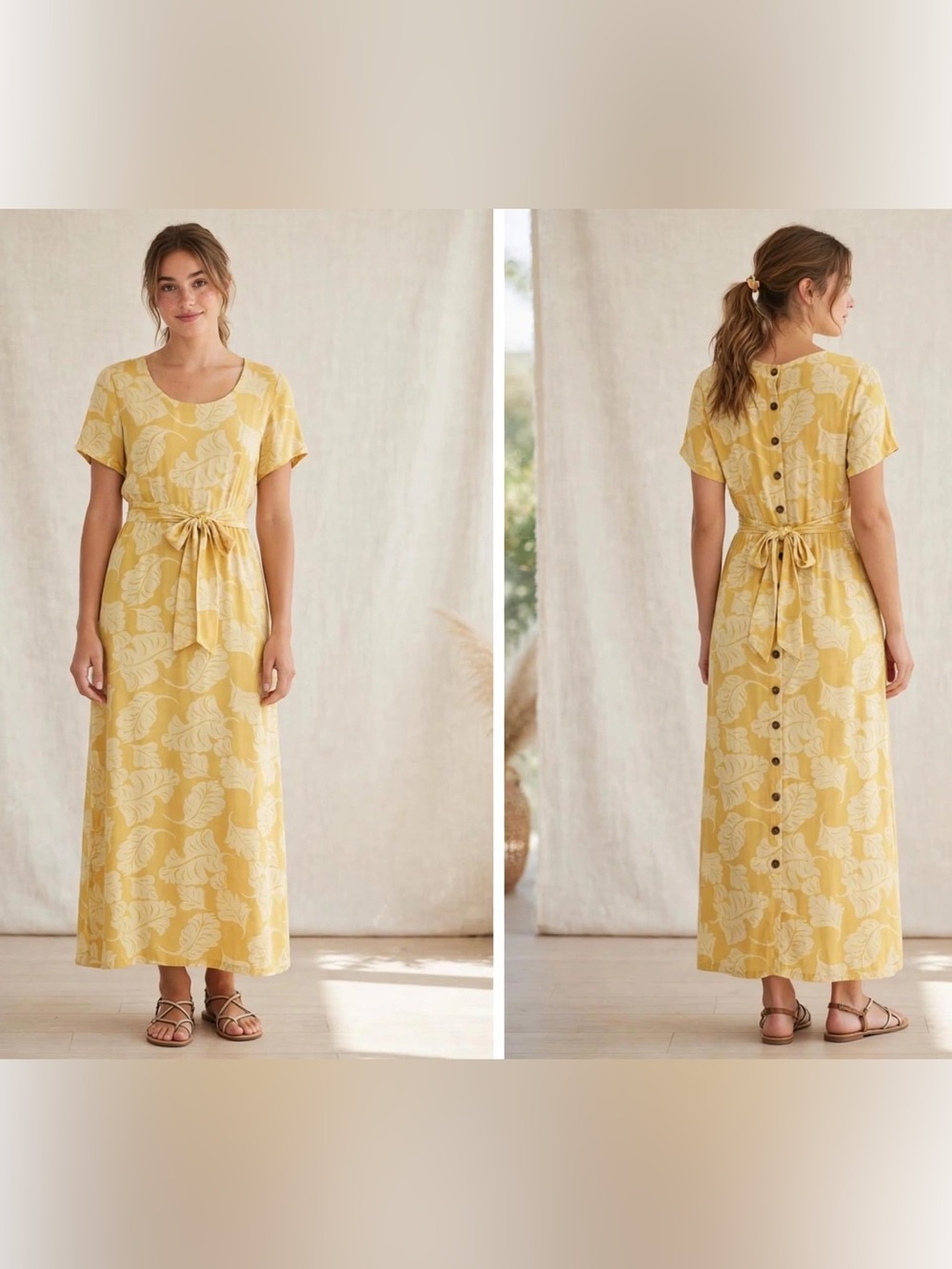 Pudding Shop Yellow Tropical Maxi Dress Rayon Leaf Print Button Back Tie